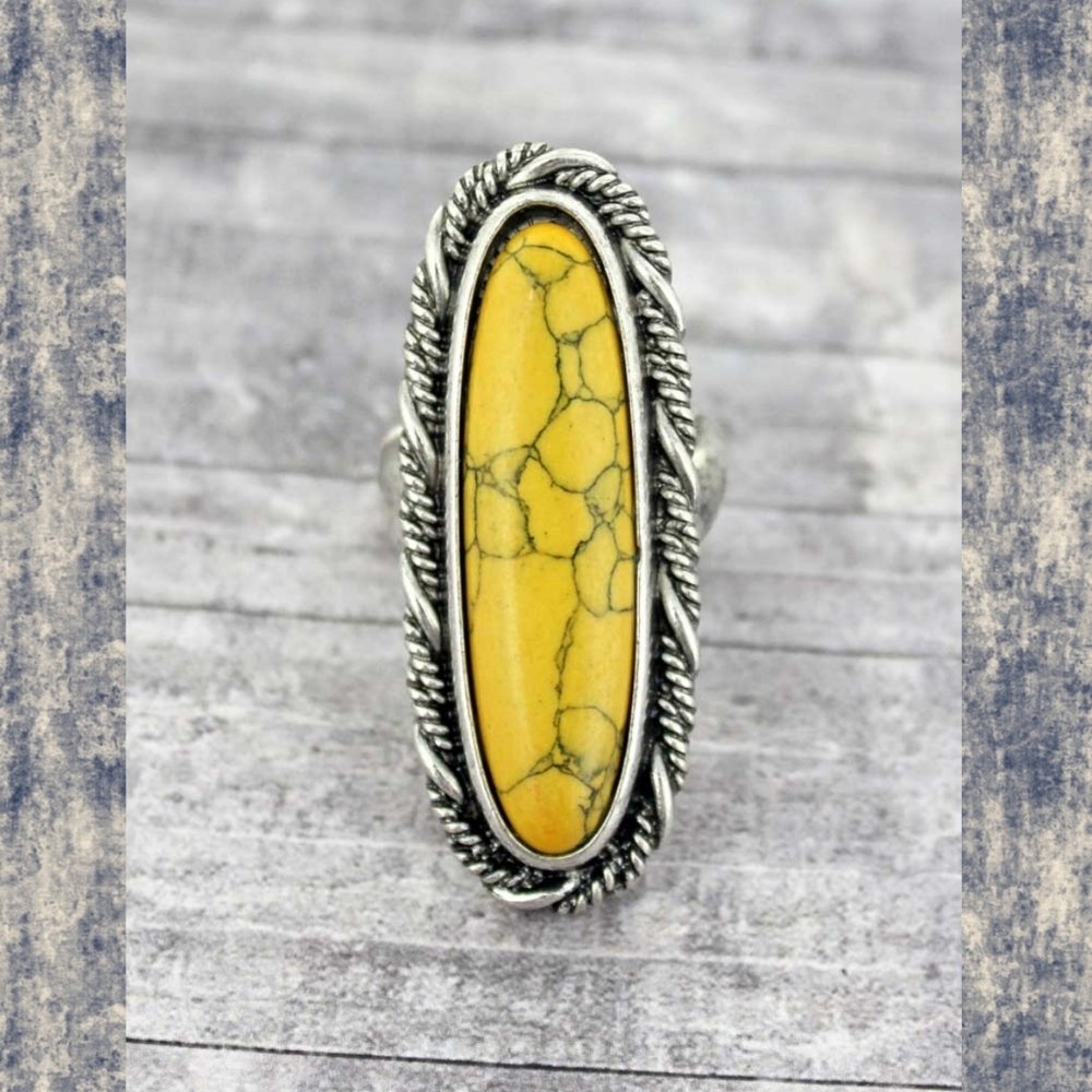 Free Spirit boho South Western People Yellow Beaded oval oblong Stretch ring